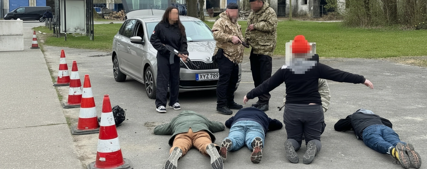 Krisenwerk GmbH - Crisis management training - A girl and two men have guns in their hand and 3 men are lying on the floor with faces turn down on the floor and woman is kneeled down